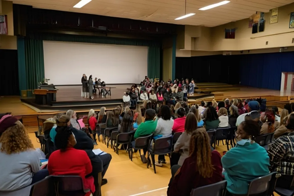 Attendees in a spacious auditorium for the Board of Education City of Linden, sitting in chairs and focused on the event.
