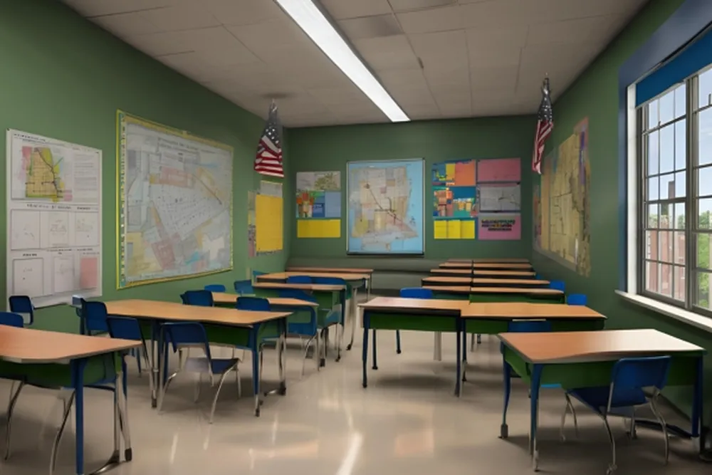 Inside a classroom with neatly arranged desks and chairs, representing the Board of Education City of Linden.
