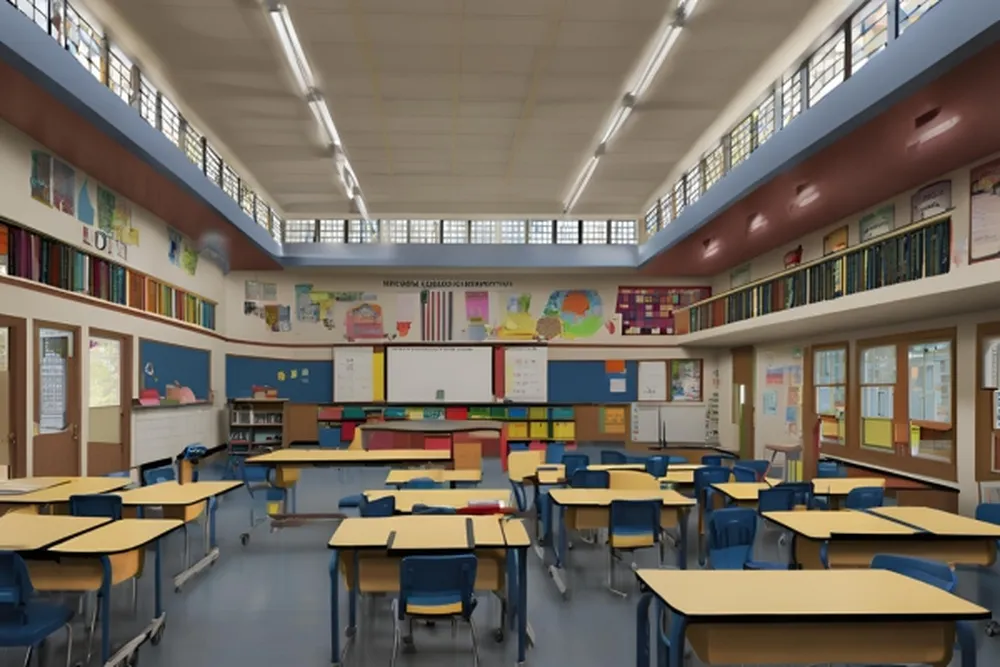 Inside a classroom with neatly arranged desks and chairs, representing the educational space of the Board of Education City of Linden.