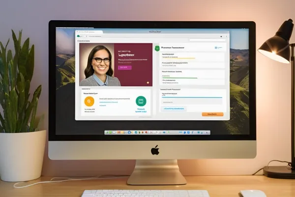 A desktop computer displaying a woman's face, featuring the PowerTeacher Login screen.