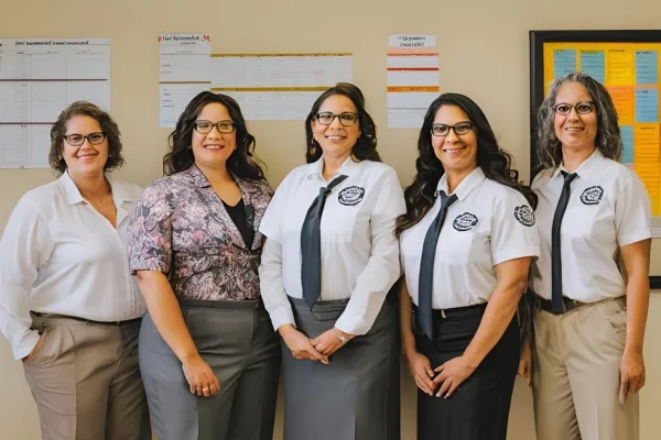 A group of five women in uniform stands side by side, symbolizing unity and dedication in the Linden Board of Education Payroll Calendar