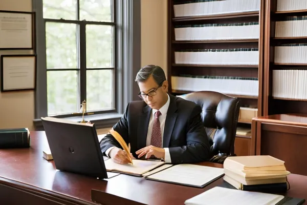 A local education law attorney in Bergen County, dressed in a suit, seated at a desk with a laptop open before him