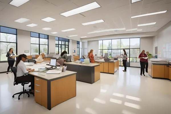 A modern lab space rendering showcasing innovative design and functionality for educational purposes