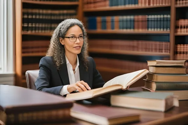 A professional woman in a suit is seated at a desk with books, symbolizing her role as a Local Education Law Attorney